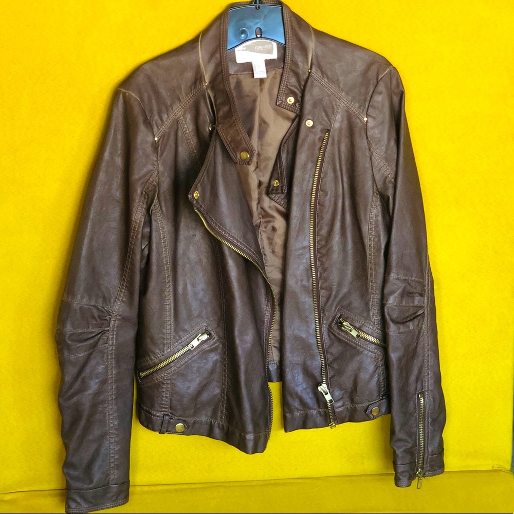Forever 21 Faux Leather Jacket in a Distressed Brown with Gold Metal
